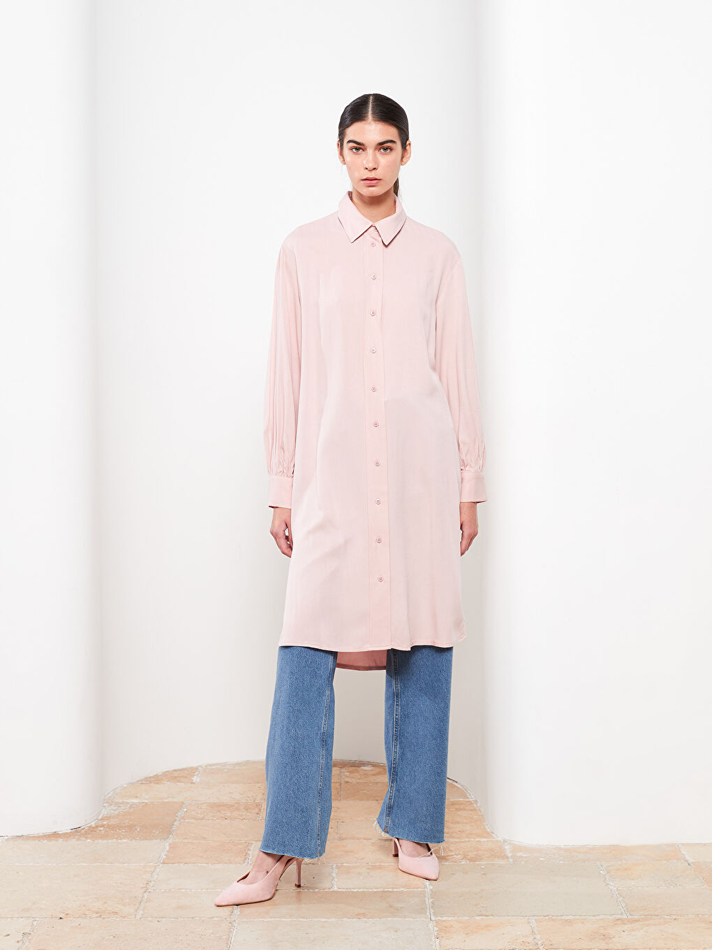 Pembe Düz Uzun Kollu Viskon Kadın Gömlek Tunik-1