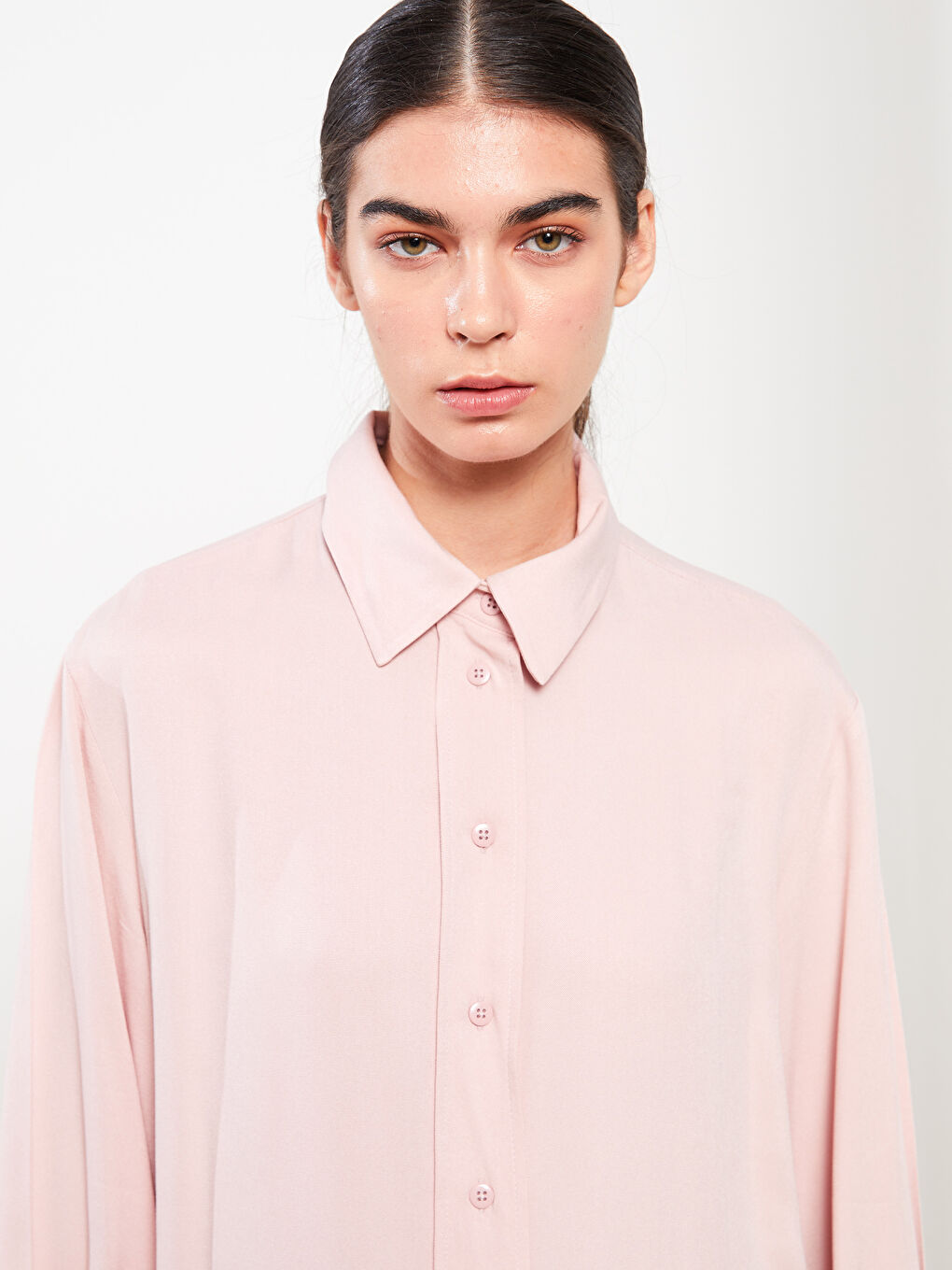 Pembe Düz Uzun Kollu Viskon Kadın Gömlek Tunik-2