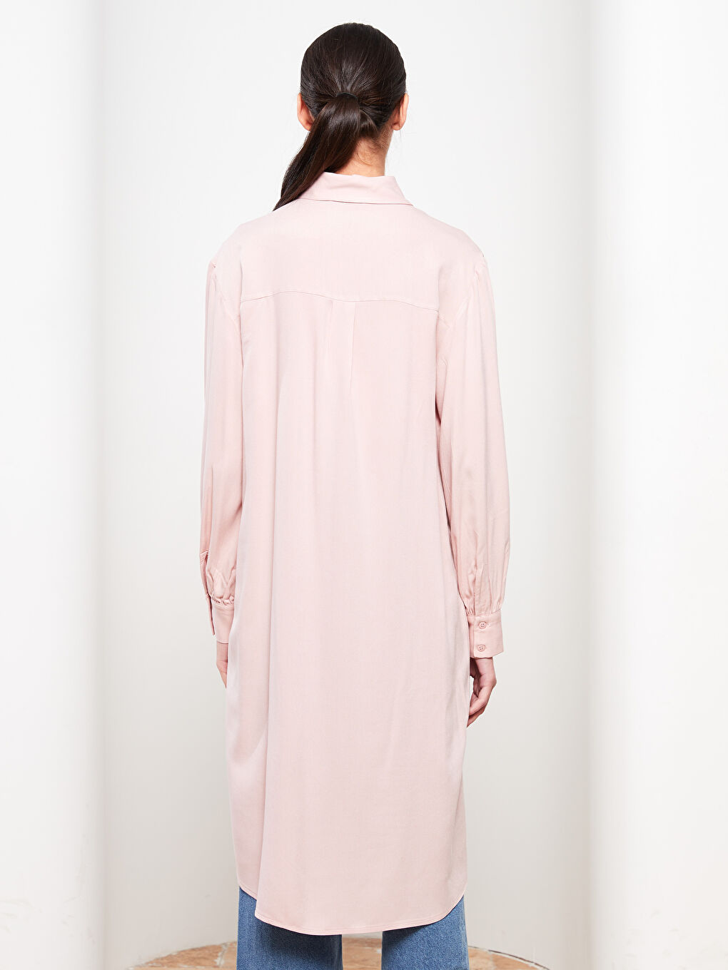 Pembe Düz Uzun Kollu Viskon Kadın Gömlek Tunik-4