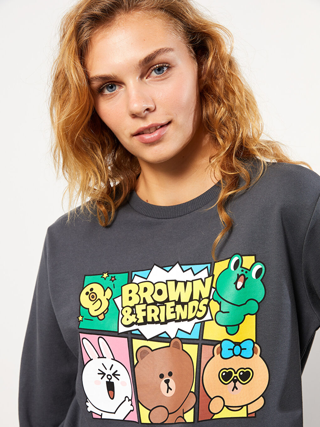 XSIDE Antrasit Bisiklet Yaka Brown & Friends Baskılı Uzun Kollu Kadın Sweatshirt - 2