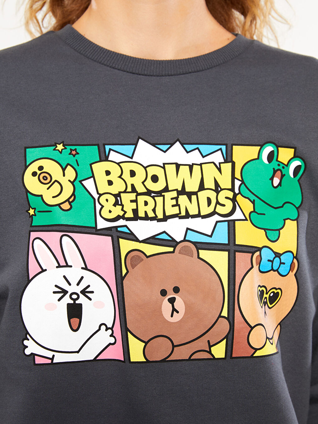 XSIDE Antrasit Bisiklet Yaka Brown & Friends Baskılı Uzun Kollu Kadın Sweatshirt - 3