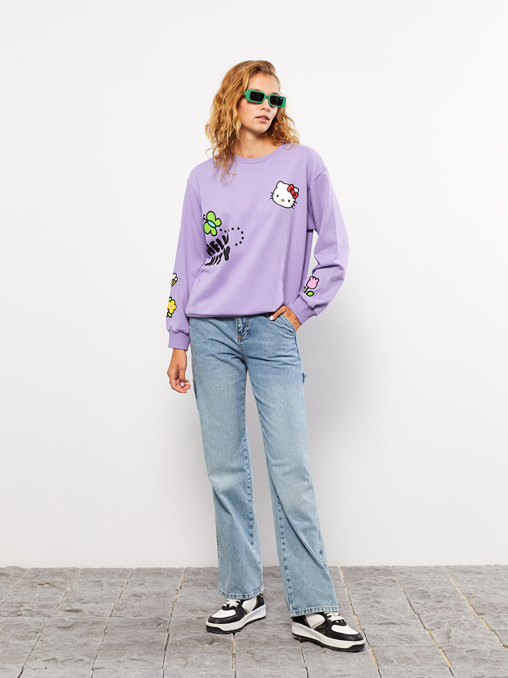 XSIDE Lila Bisiklet Yaka Hello Kitty Baskılı Uzun Kollu Kadın Sweatshirt