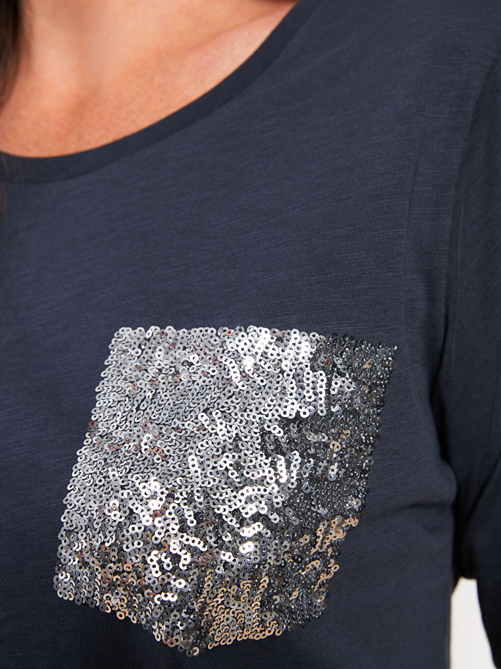 LCW ECO Crew Neck Sequined Long Sleeve Cotton Women's T-shirt -W2EP76Z8-R4C