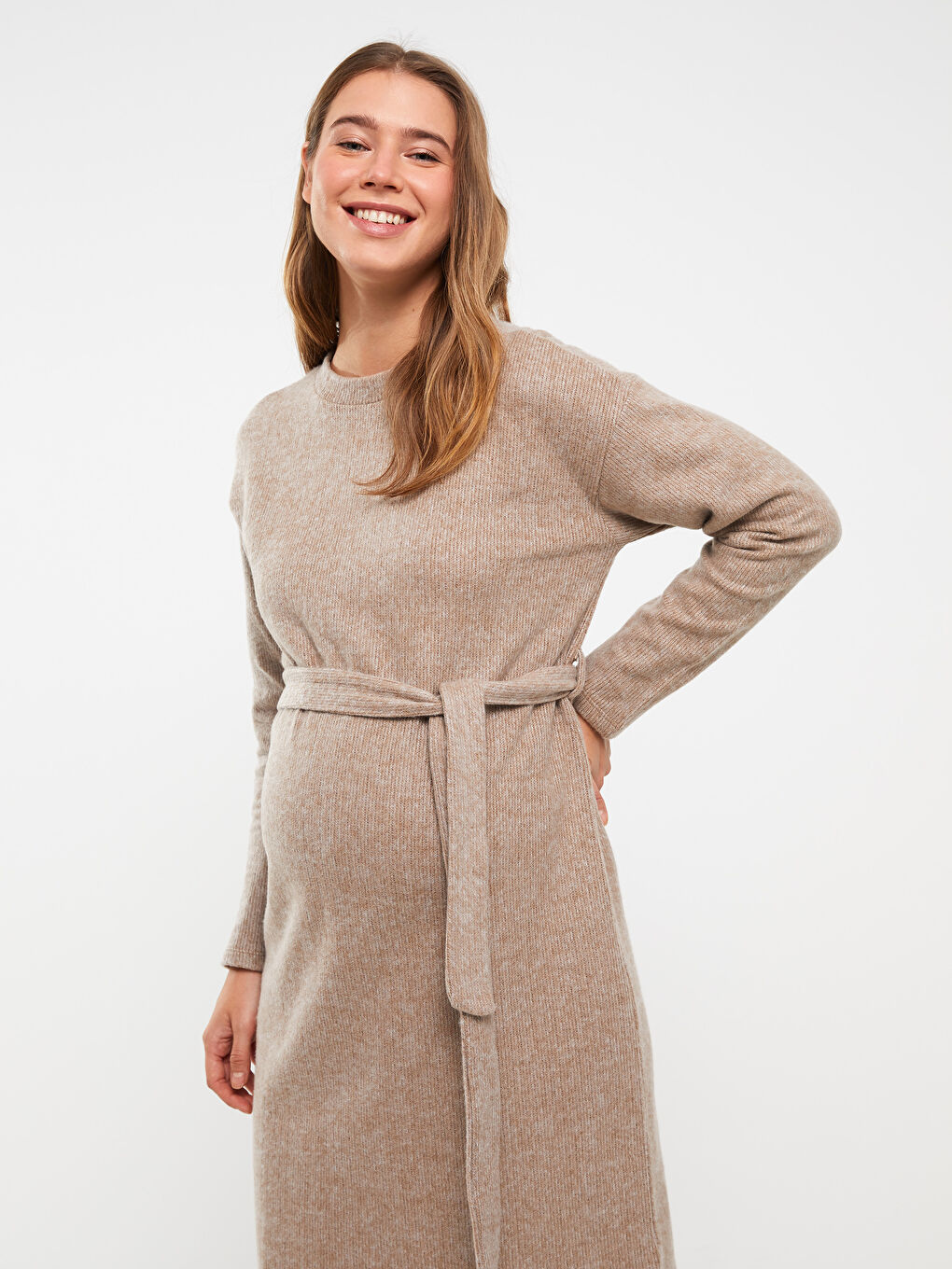 Bej Bisiklet Yaka Düz Uzun Kollu Hamile Elbise-1