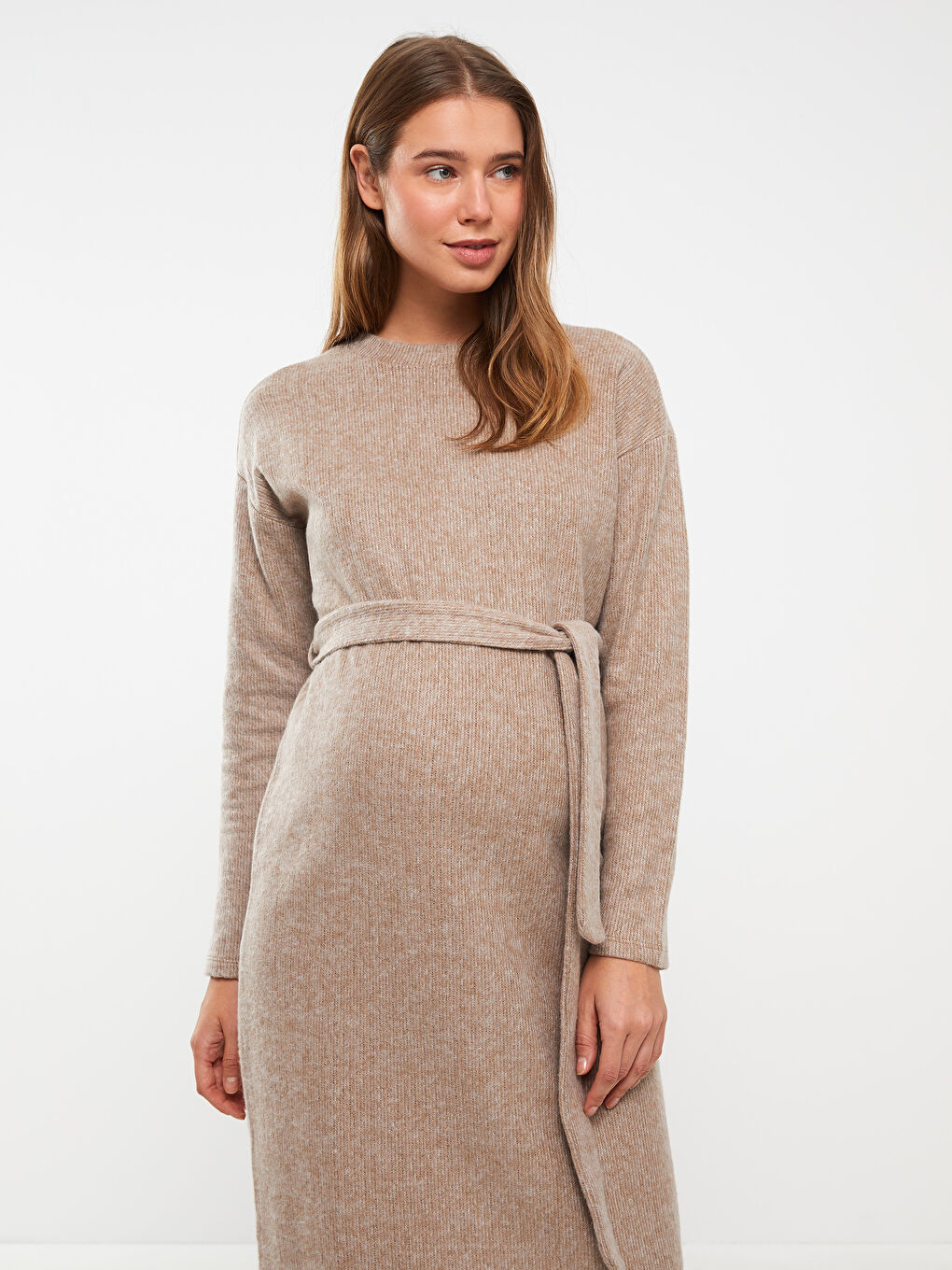 Bej Bisiklet Yaka Düz Uzun Kollu Hamile Elbise-2