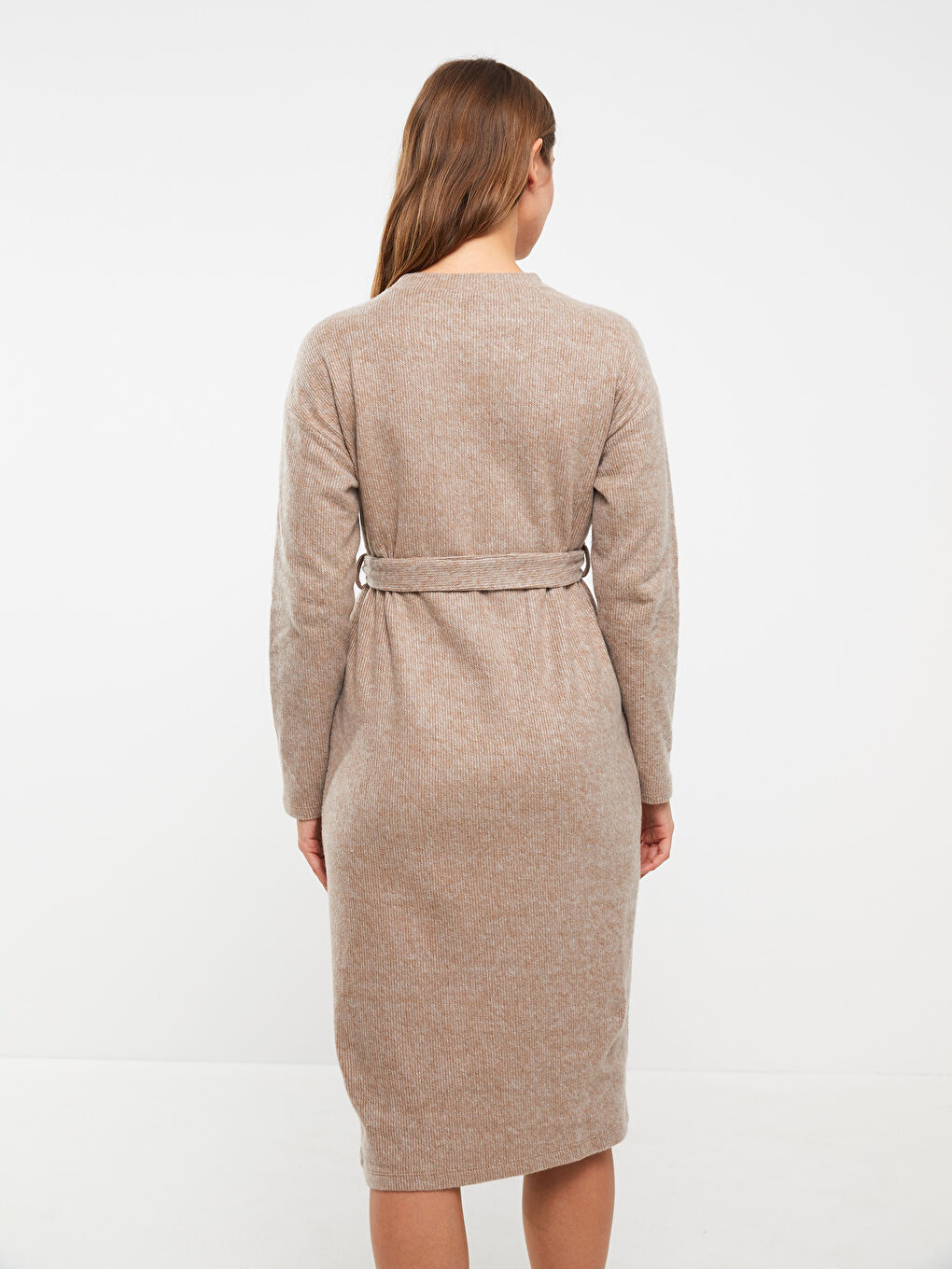 Bej Bisiklet Yaka Düz Uzun Kollu Hamile Elbise-4