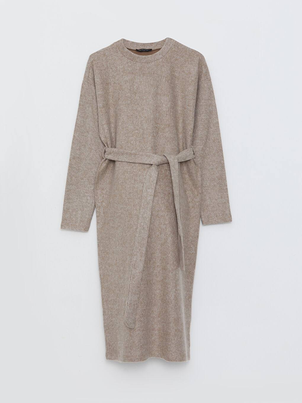 Bej Bisiklet Yaka Düz Uzun Kollu Hamile Elbise-5