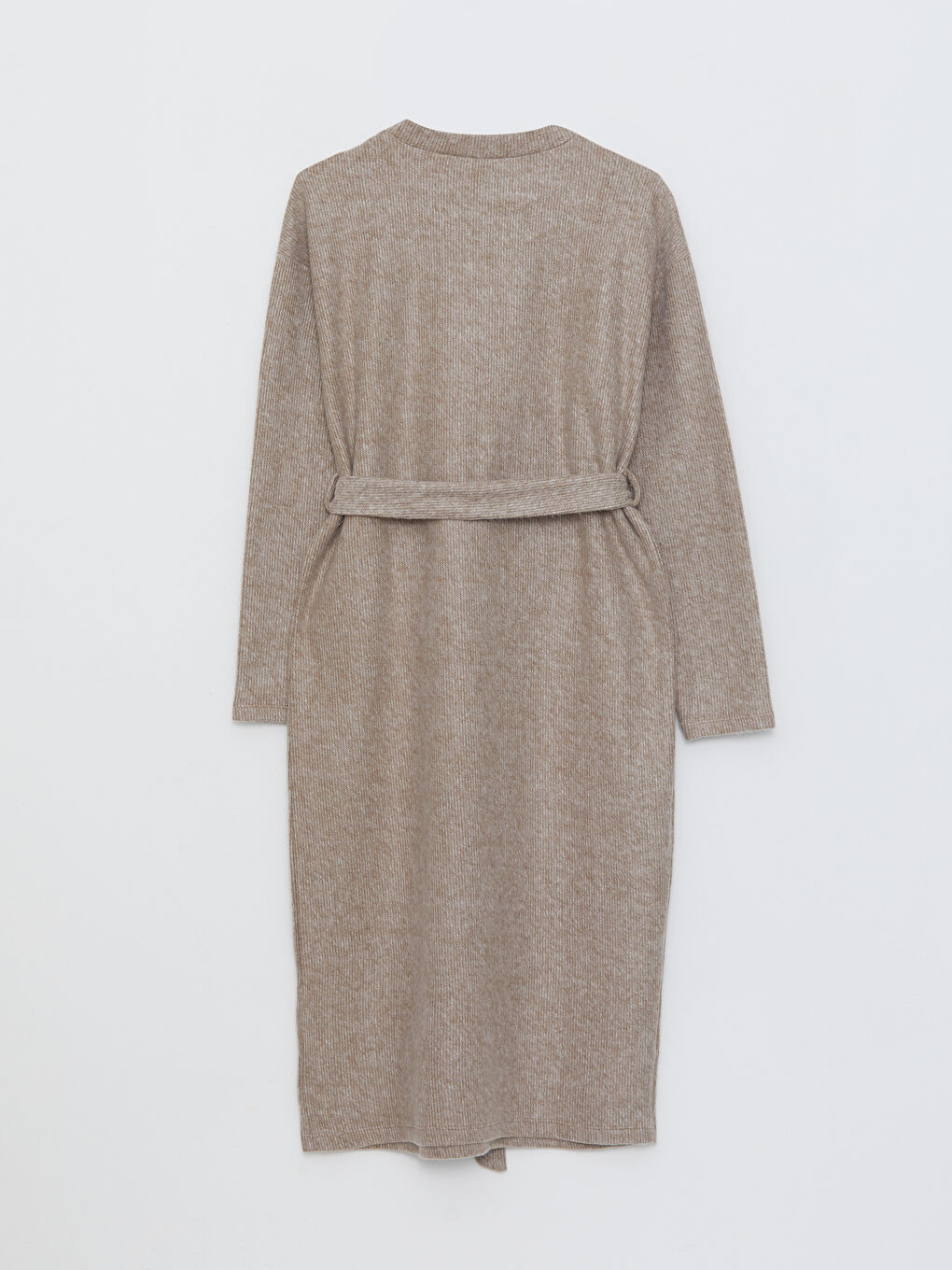 Bej Bisiklet Yaka Düz Uzun Kollu Hamile Elbise-6