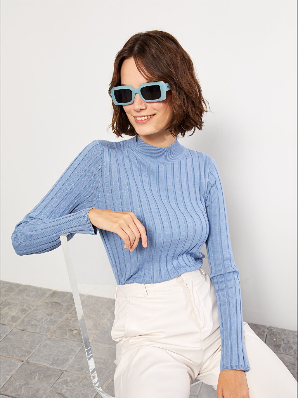 Mavi Yarım Balıkçı Yaka Kendinden Desenli Uzun Kollu Kadın Triko Kazak