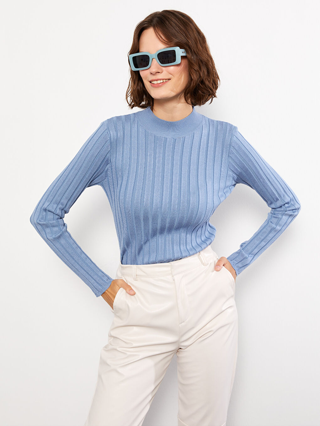 Mavi Yarım Balıkçı Yaka Kendinden Desenli Uzun Kollu Kadın Triko Kazak-2