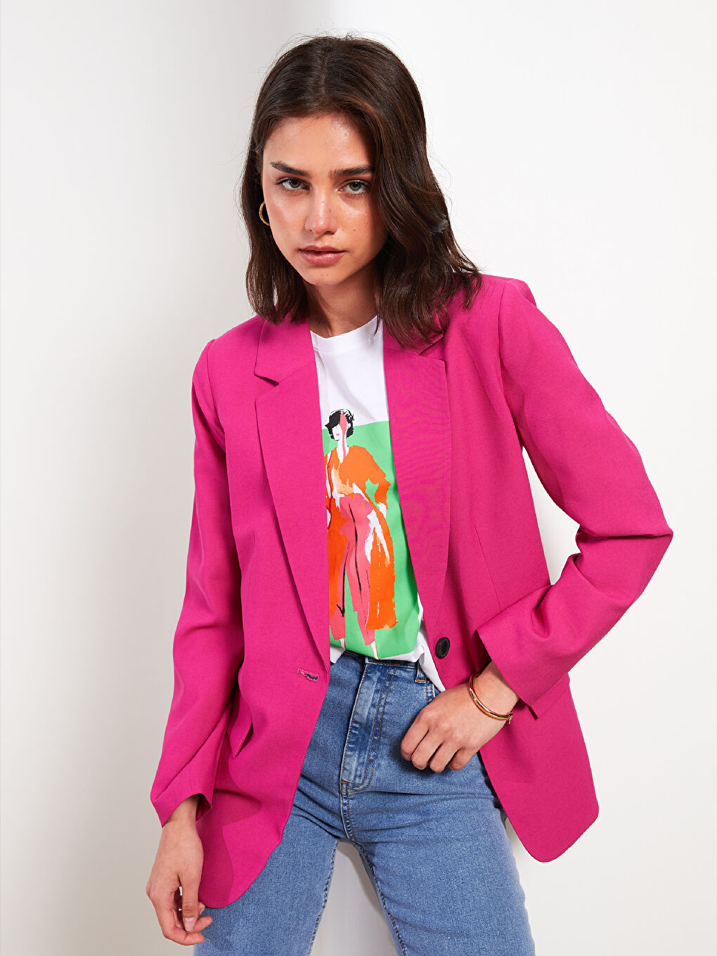 Fuşya Önden Düğme Kapamalı Düz Uzun Kollu Kadın Ceket