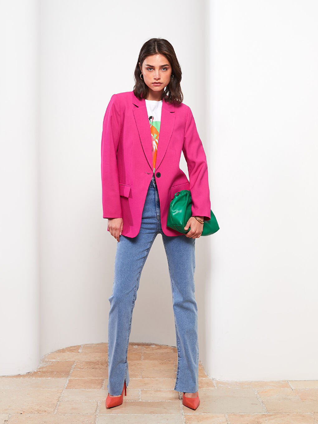 Fuşya Önden Düğme Kapamalı Düz Uzun Kollu Kadın Ceket-1