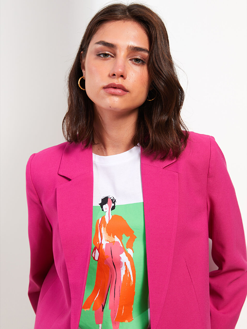 Fuşya Önden Düğme Kapamalı Düz Uzun Kollu Kadın Ceket-2