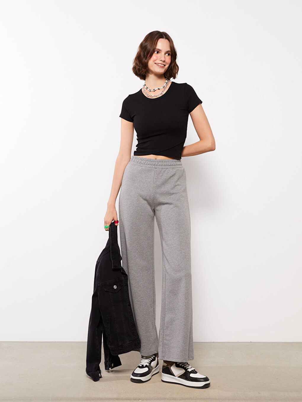 Gri Kadın Beli Lastikli Düz Eşofman Altı