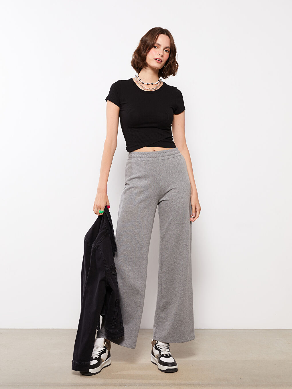 Gri Kadın Beli Lastikli Düz Eşofman Altı-1