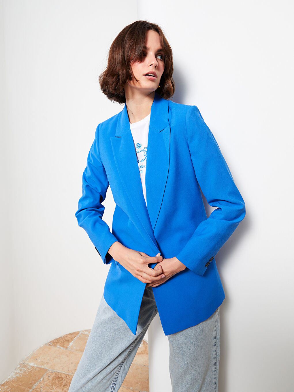 Mavi Düz Uzun Kollu Kadın Blazer Ceket-1