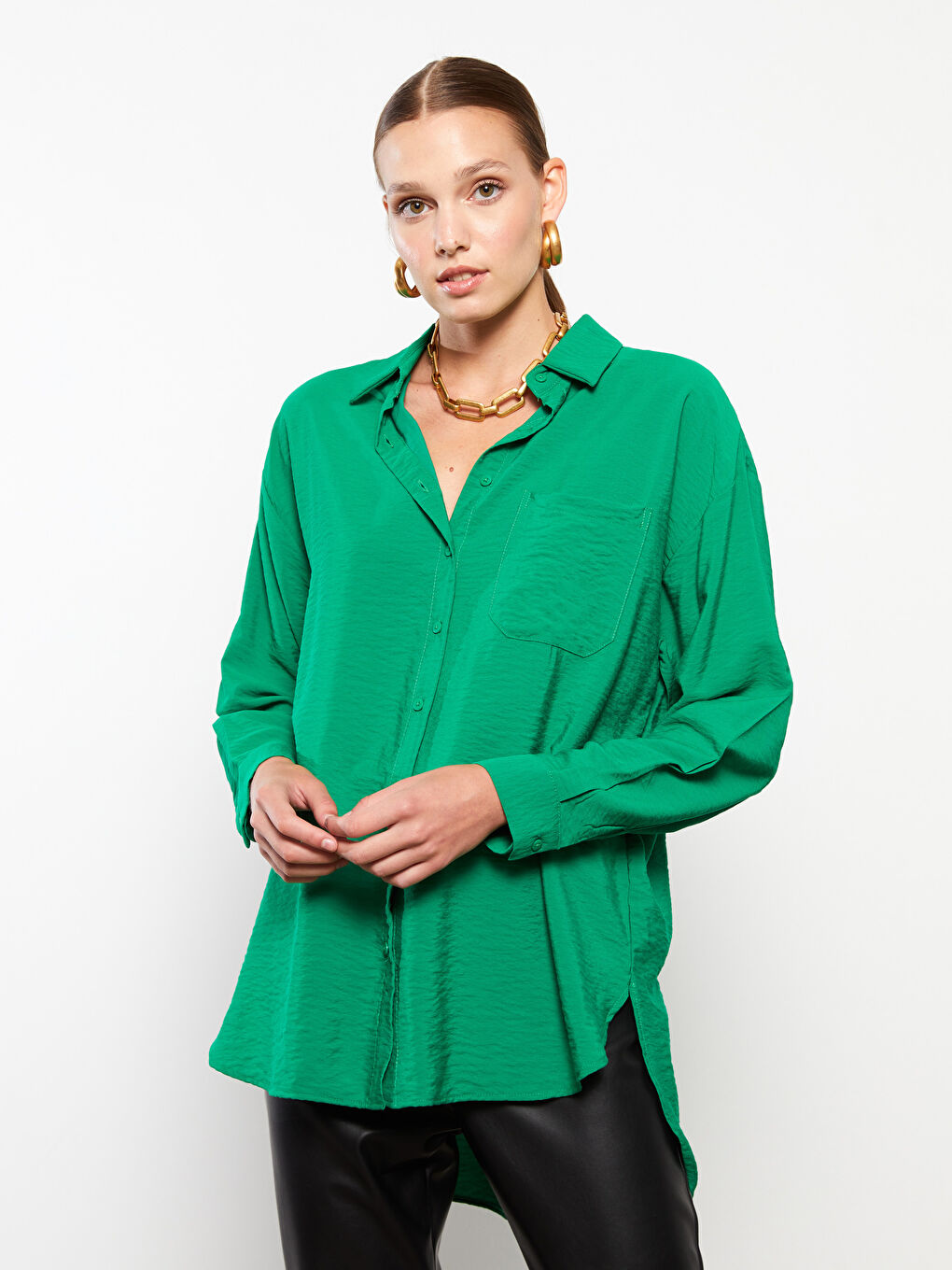 Yeşil Önden Düğme Kapamalı Düz Uzun Kollu Kadın Gömlek-2