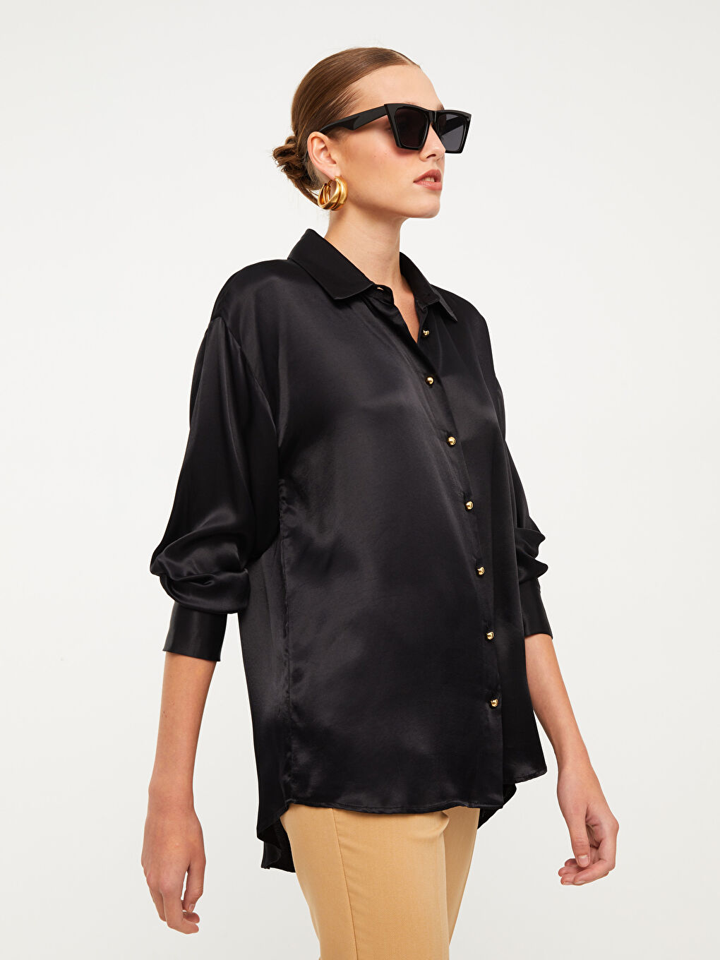 قميص نساء ساتان كم طويل عادي بأزرار-2