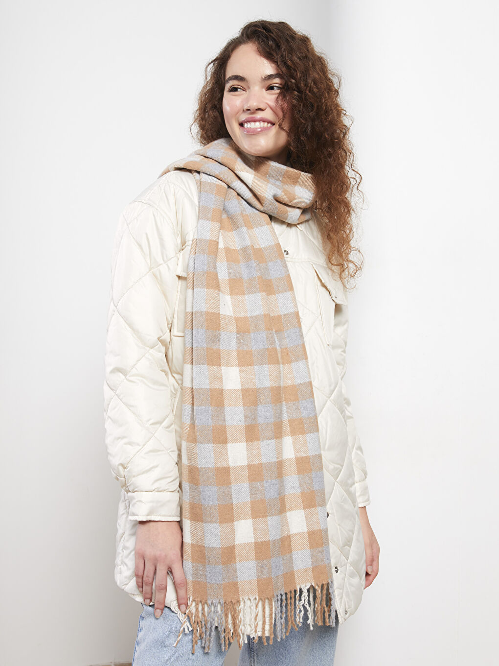 Bej Ekose Desenli Kadın Atkı