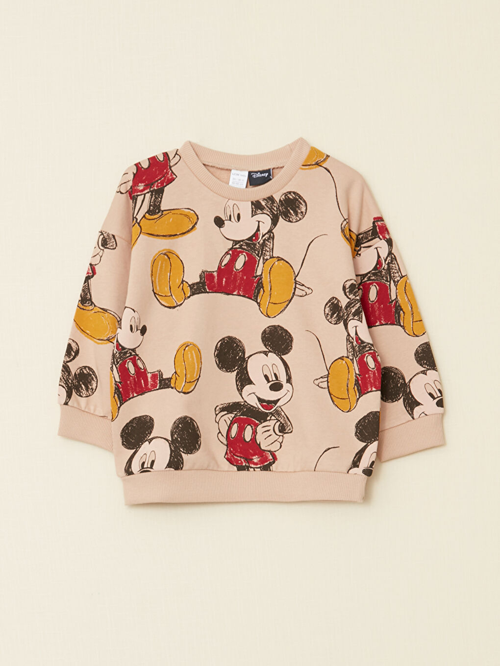 Bej Bisiklet Yaka Uzun Kollu Mickey Mouse Baskılı Erkek Bebek Sweatshirt