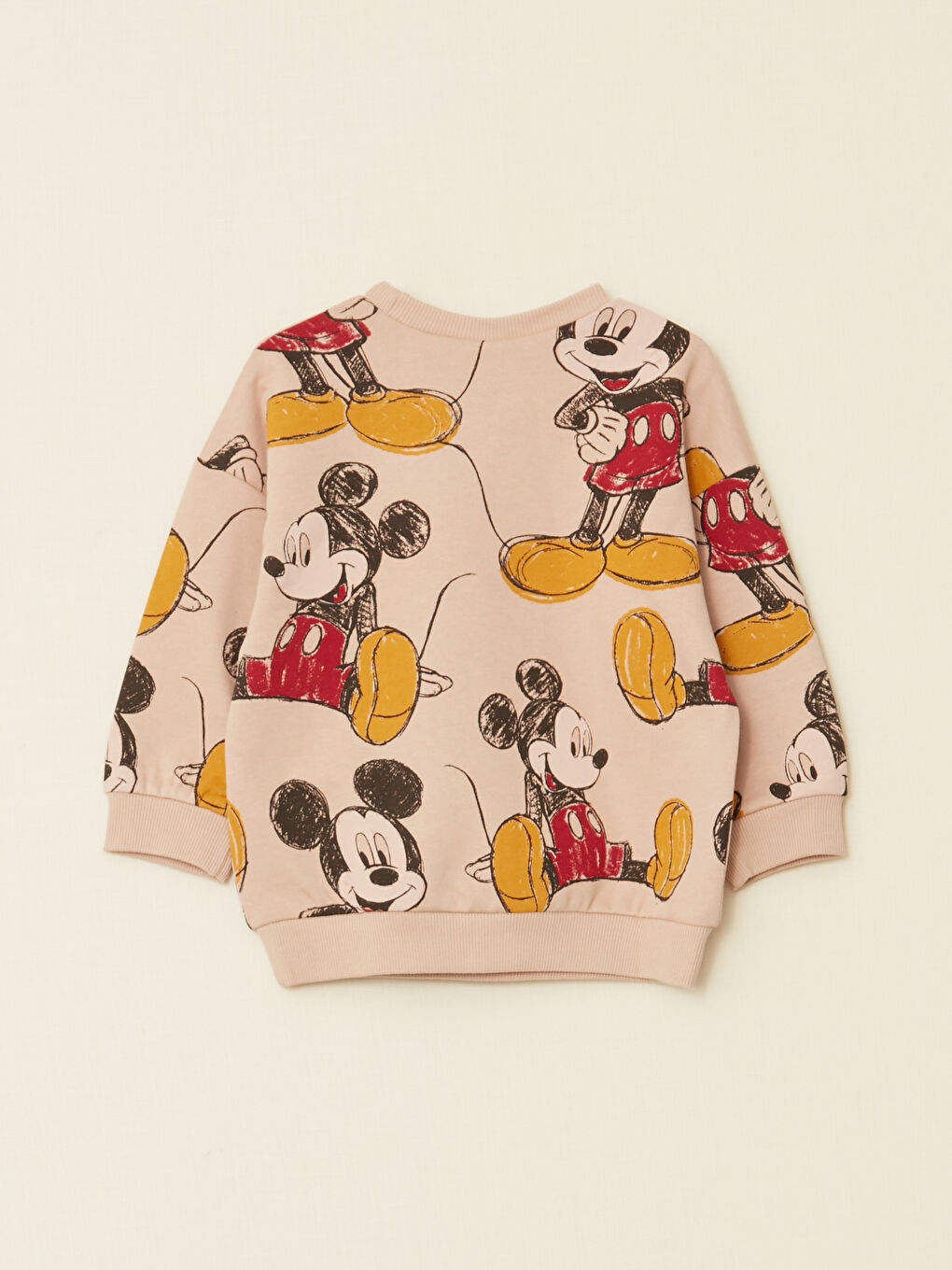 Bej Bisiklet Yaka Uzun Kollu Mickey Mouse Baskılı Erkek Bebek Sweatshirt-1