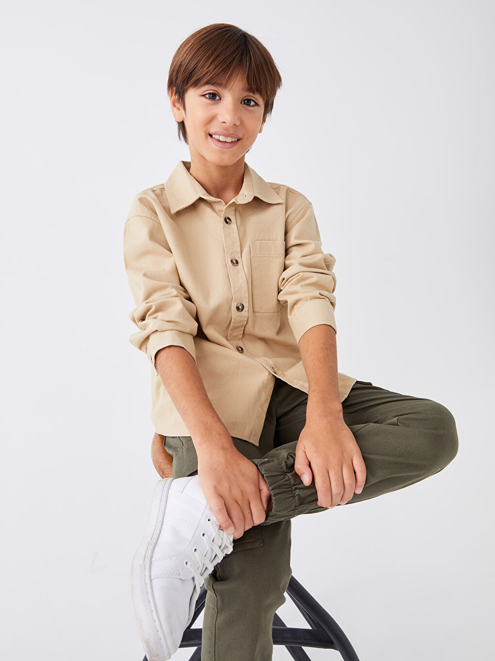 Bej Rahat Kalıp Gabardin Erkek Çocuk Gömlek-1