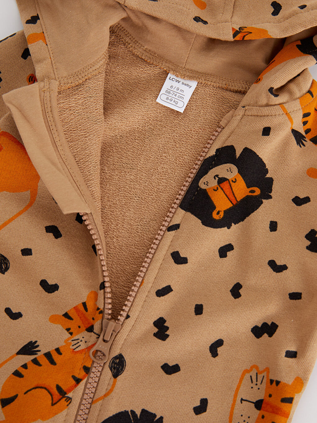 Kahverengi Kapüşonlu Uzun Kollu Baskılı Erkek Bebek Tulum-2