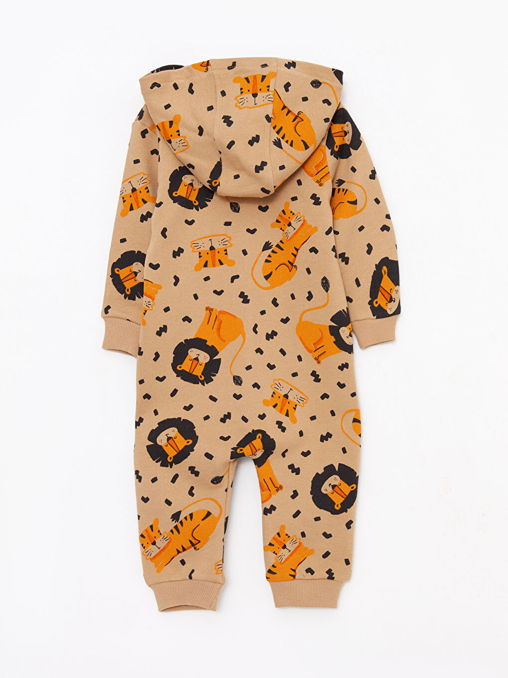 Kahverengi Kapüşonlu Uzun Kollu Baskılı Erkek Bebek Tulum-1