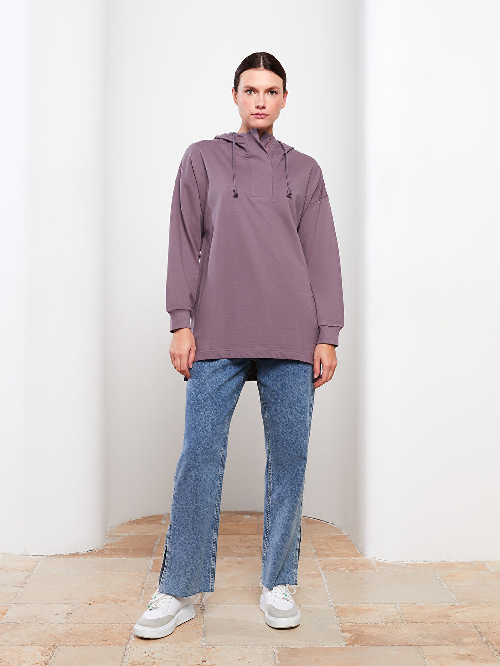 LC Waikiki Hooded Plain Long Sleeve Oversize Women's Sweatshirt Tunic -W2ER25Z8-LXY
