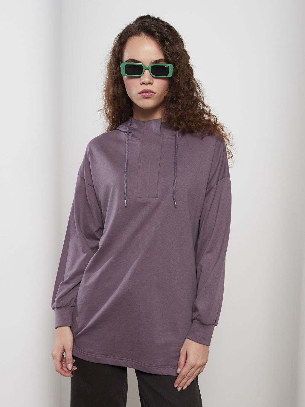 LC Waikiki Hooded Plain Long Sleeve Oversize Women's Sweatshirt Tunic -W2ER25Z8-LXY