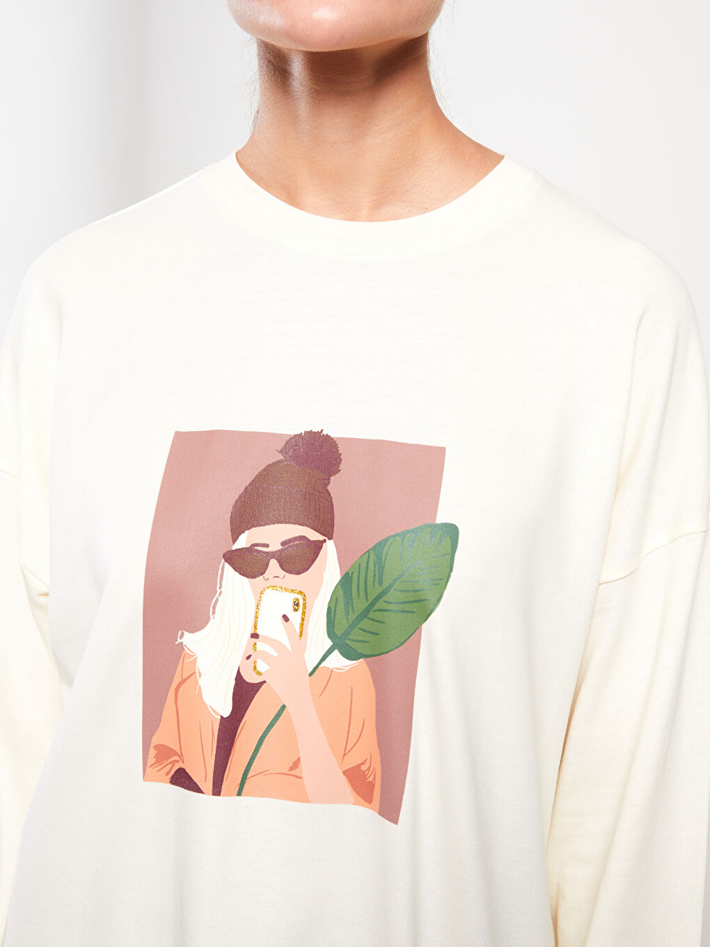 LCW Modest Bisiklet Yaka Baskılı Uzun Kollu Oversize Kadın Sweatshirt Tunik -W2ER27Z8-R9J