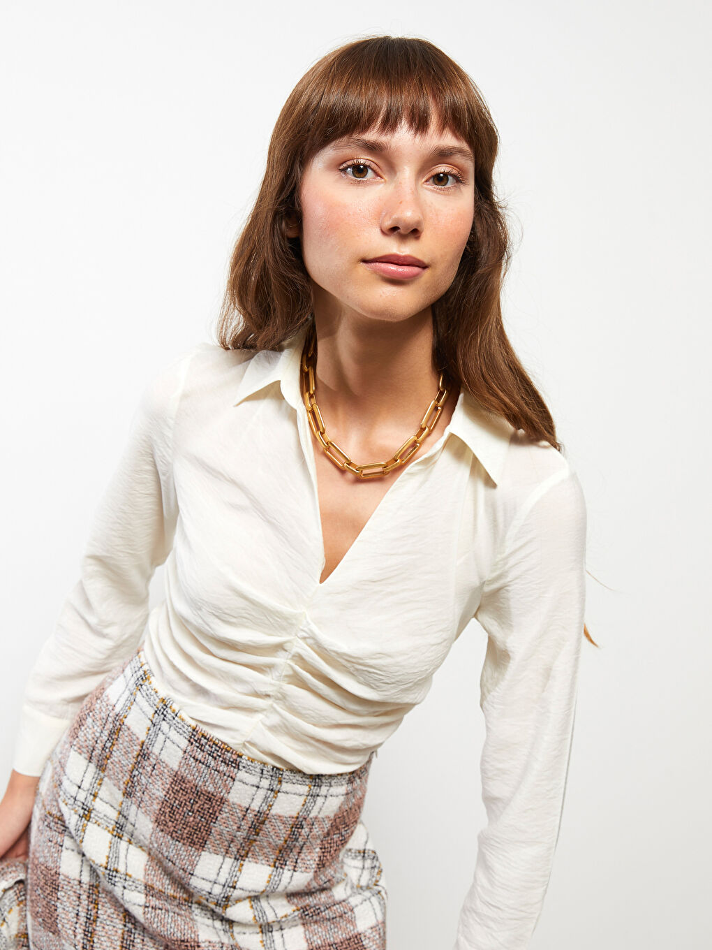 LCW Vision Shirt Collar Pleated Long Sleeve Women's Blouse -W2ER45Z8-FDH