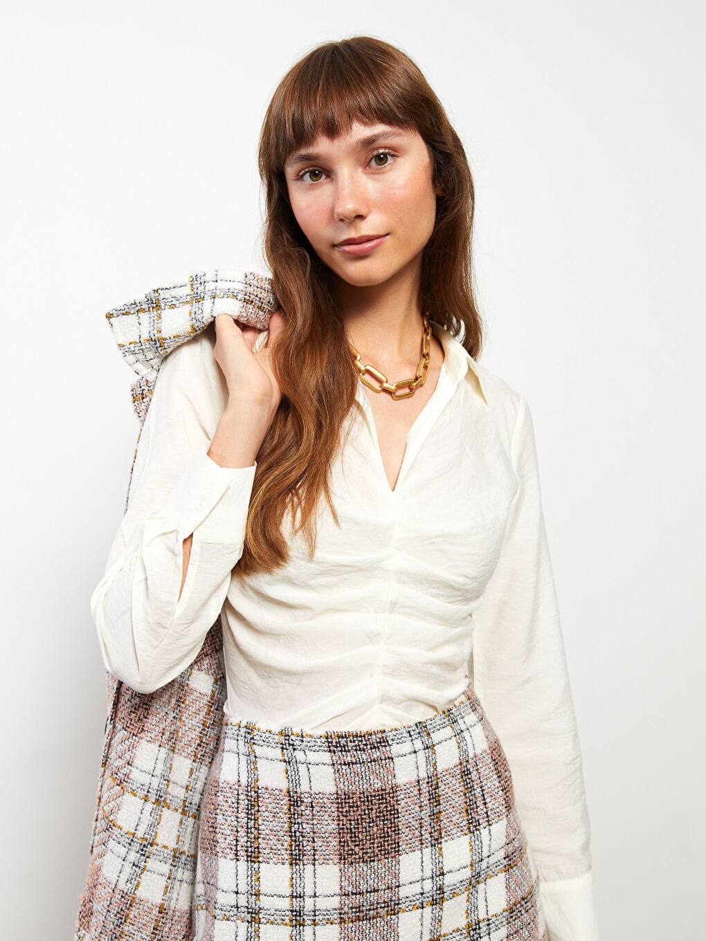 LCW Vision Shirt Collar Pleated Long Sleeve Women's Blouse -W2ER45Z8-FDH
