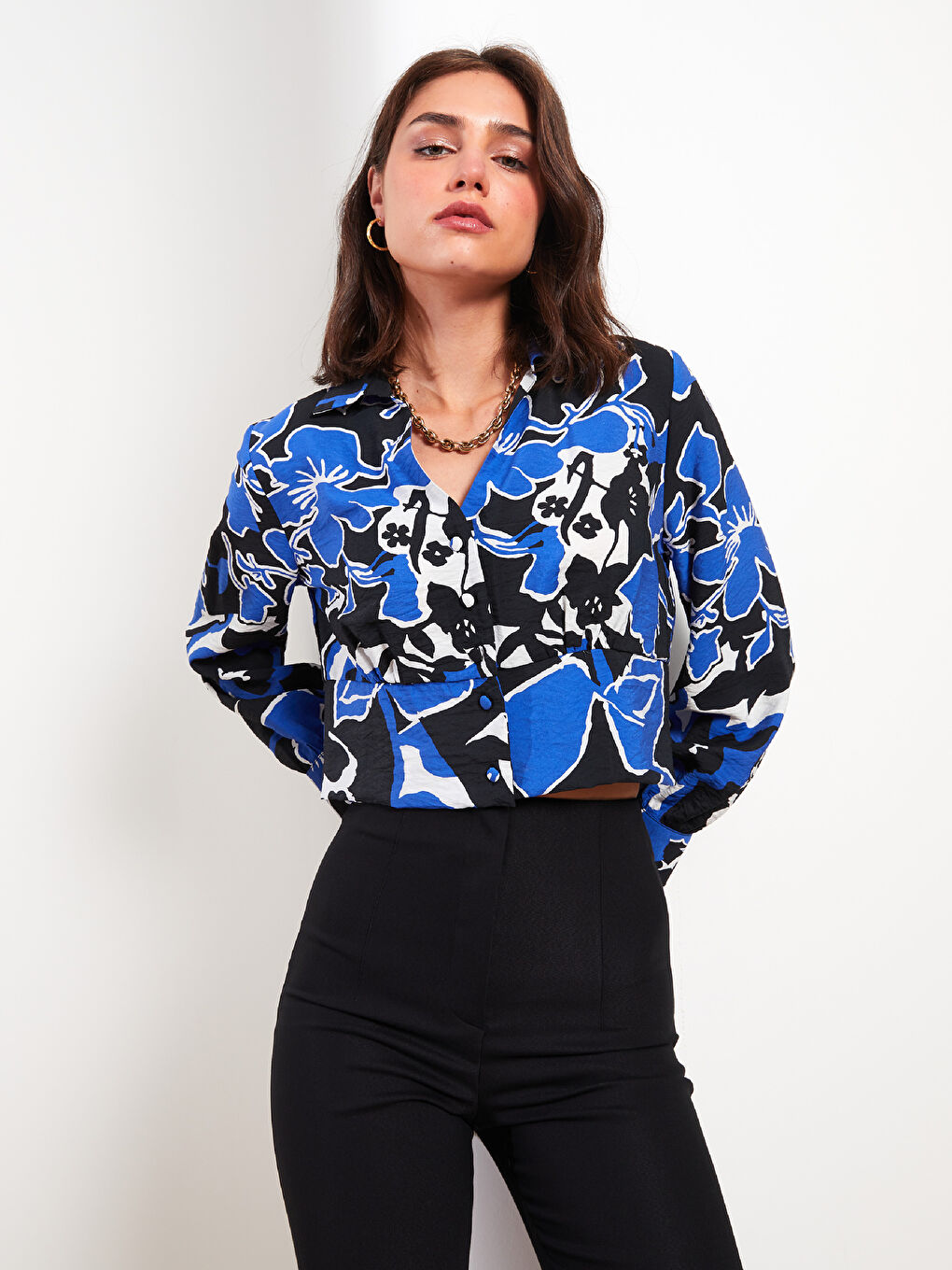 Kragenhals Gemustert Langarm Bluse für Damen-1