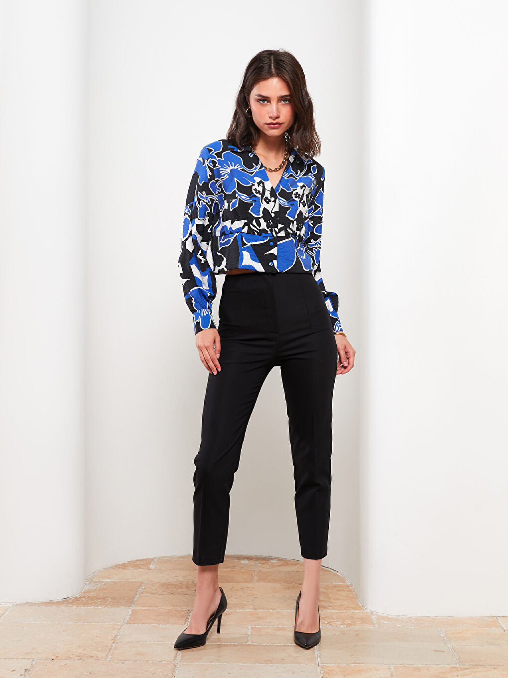 Kragenhals Gemustert Langarm Bluse für Damen-2