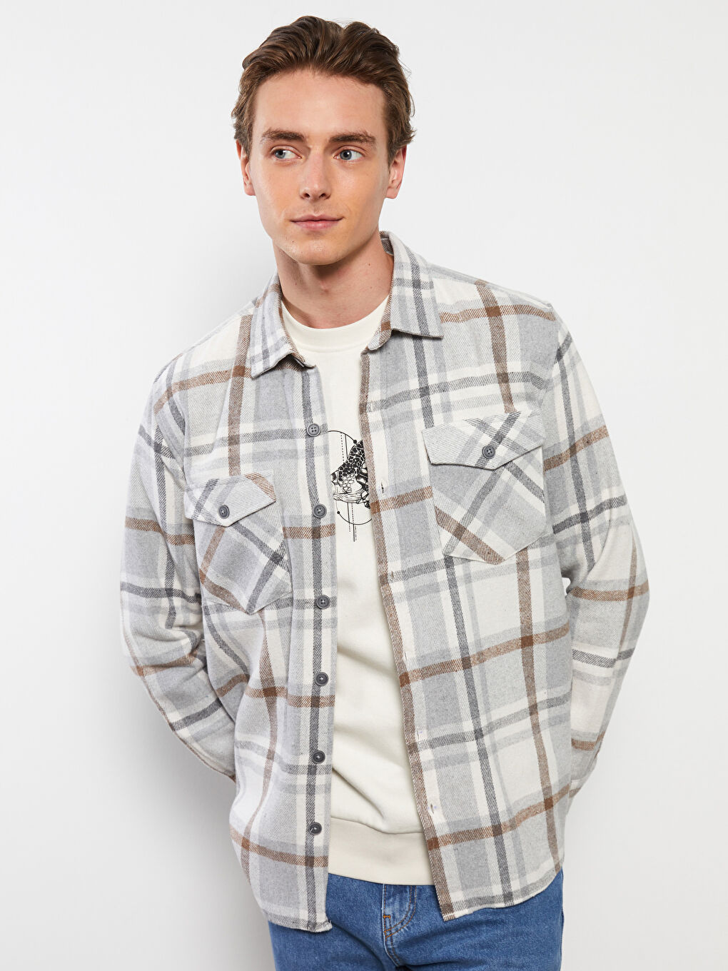 Jachetă Cămașă din Flanel pentru Bărbați cu Mânecă Lungă și Croială Regulară în Carouri