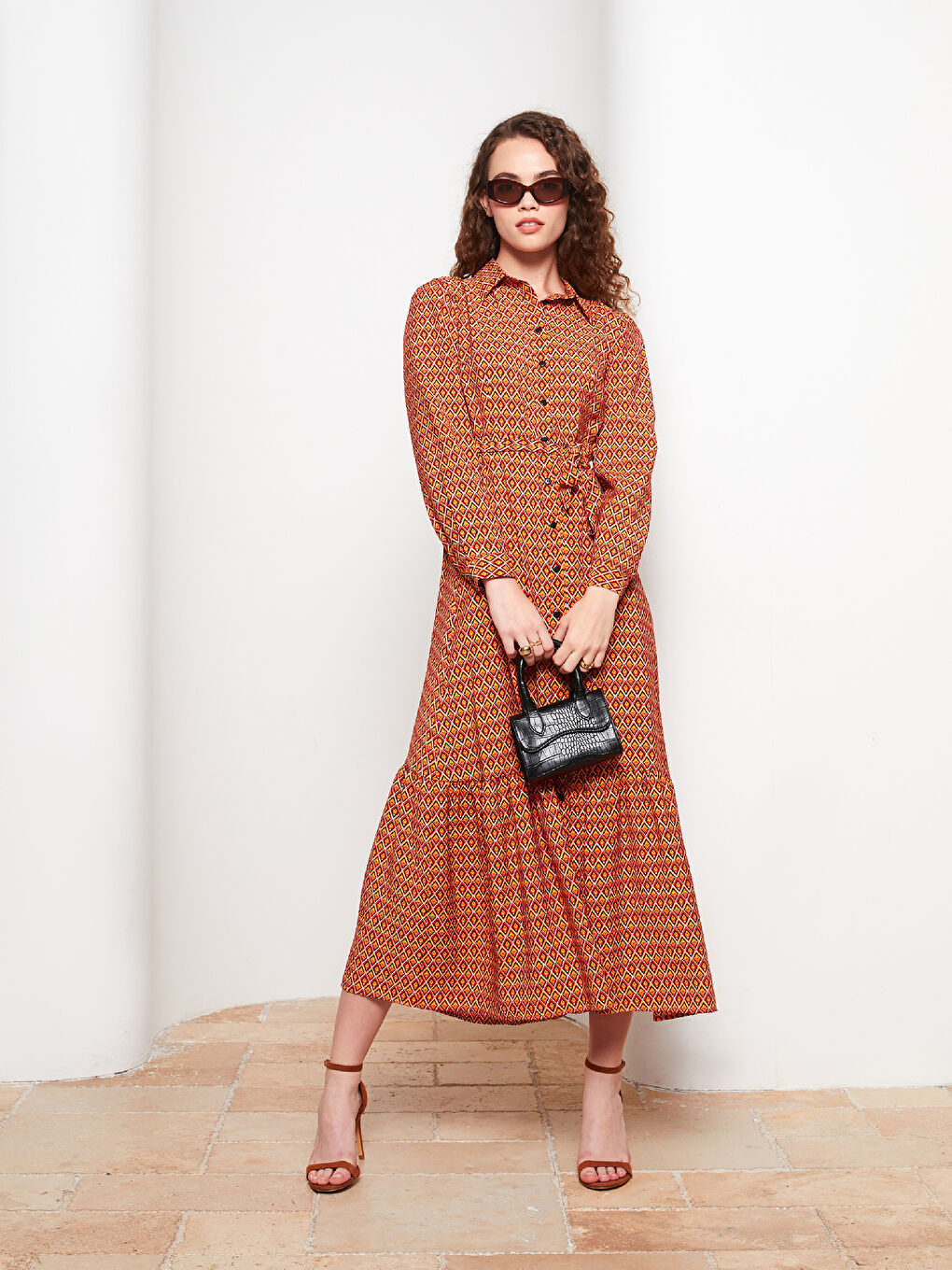 LCW Modest Collared Neck Patterned Long Sleeve Women's Dress -W2ER98Z8-LSR
