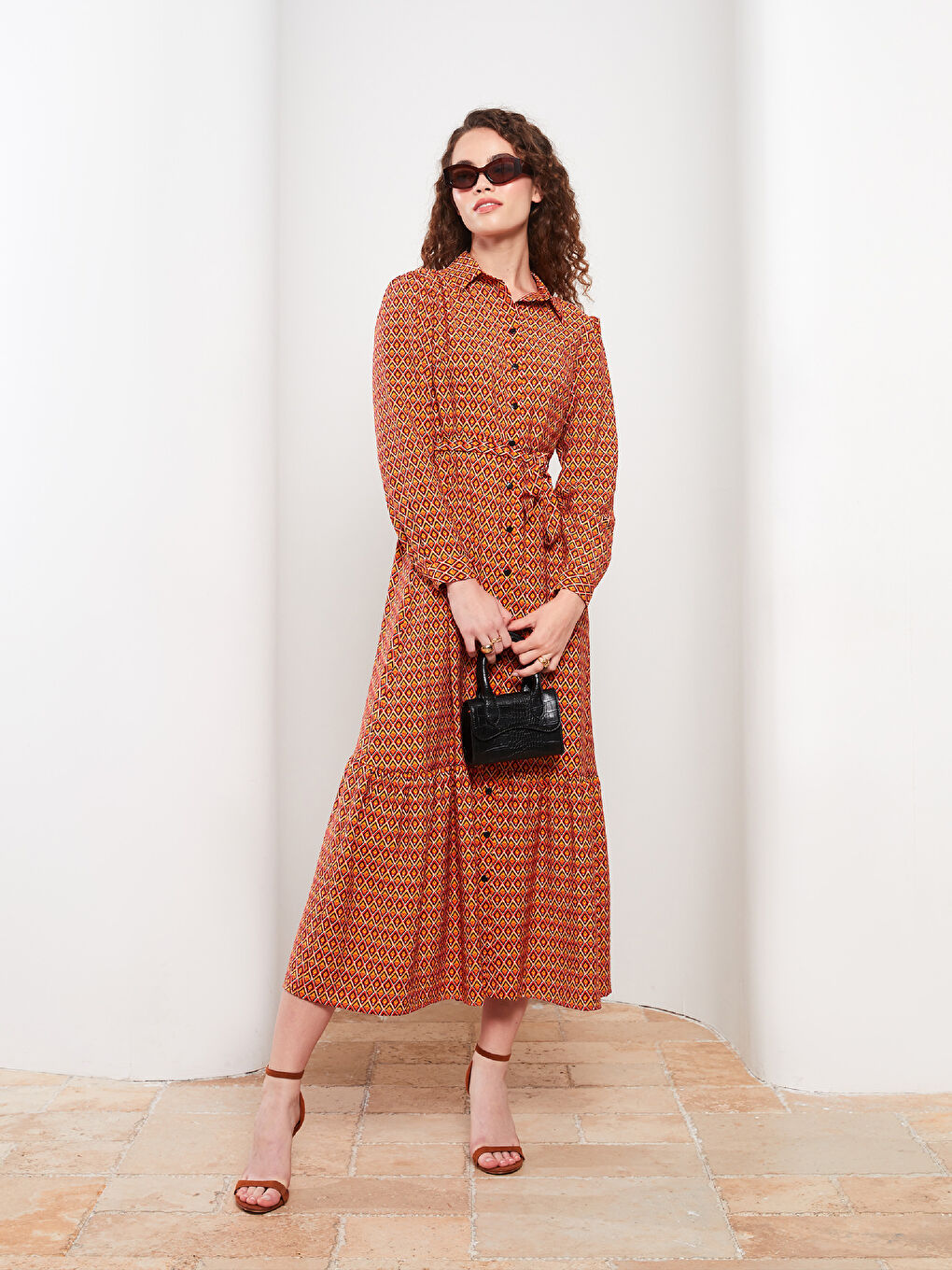 LCW Modest Collared Neck Patterned Long Sleeve Women's Dress -W2ER98Z8-LSR