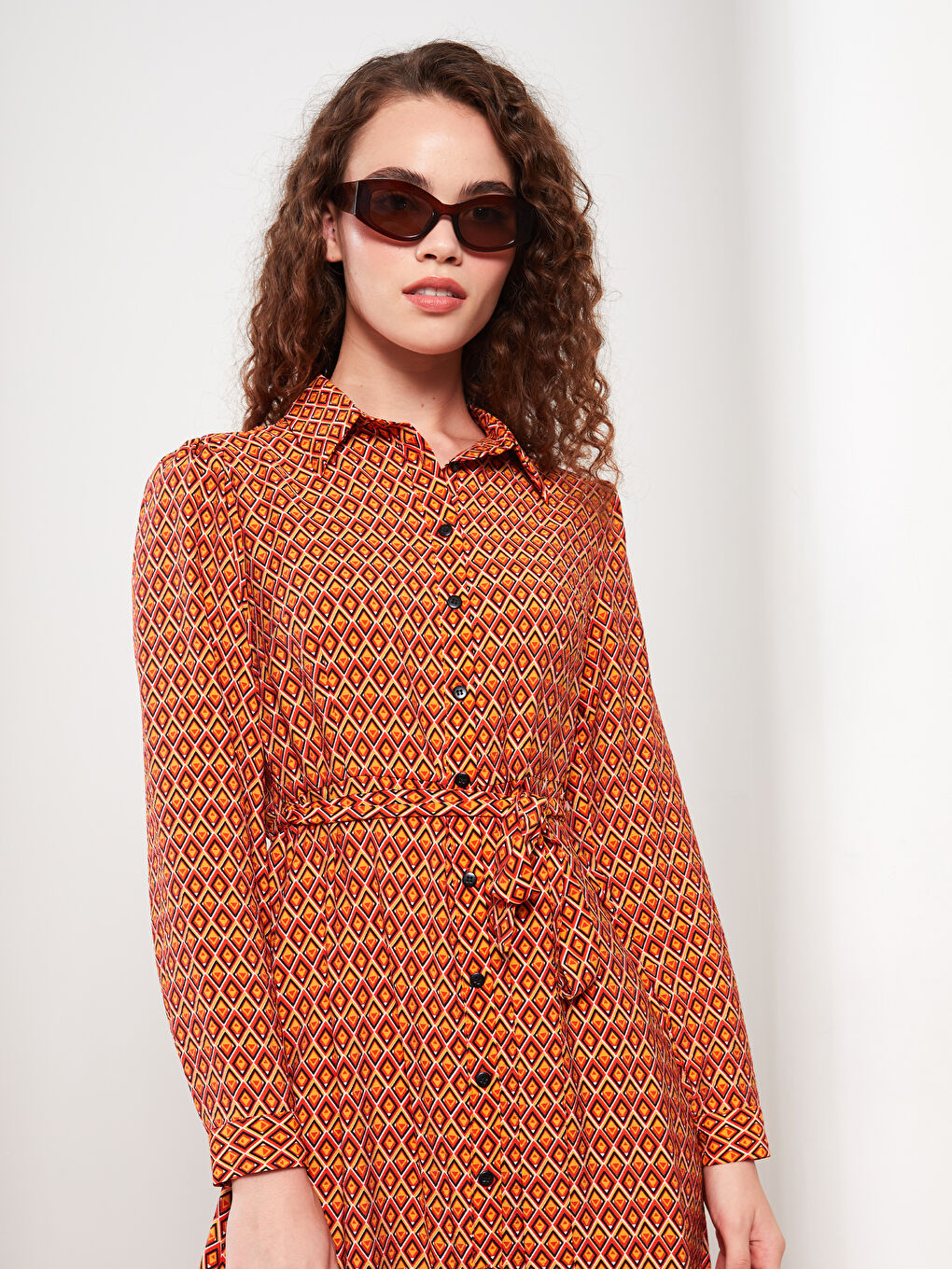 LCW Modest Collared Neck Patterned Long Sleeve Women's Dress -W2ER98Z8-LSR