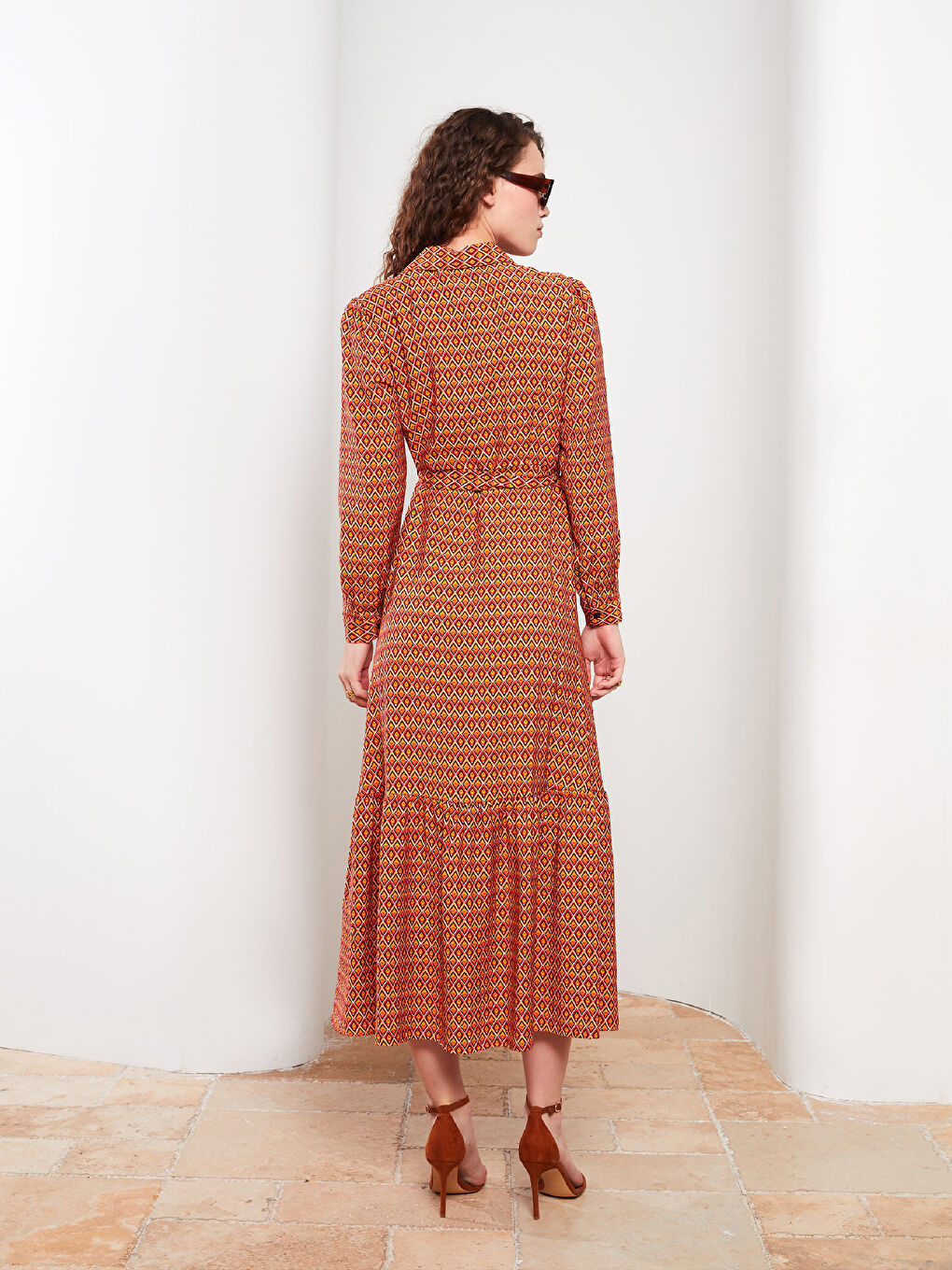 LCW Modest Collared Neck Patterned Long Sleeve Women's Dress -W2ER98Z8-LSR