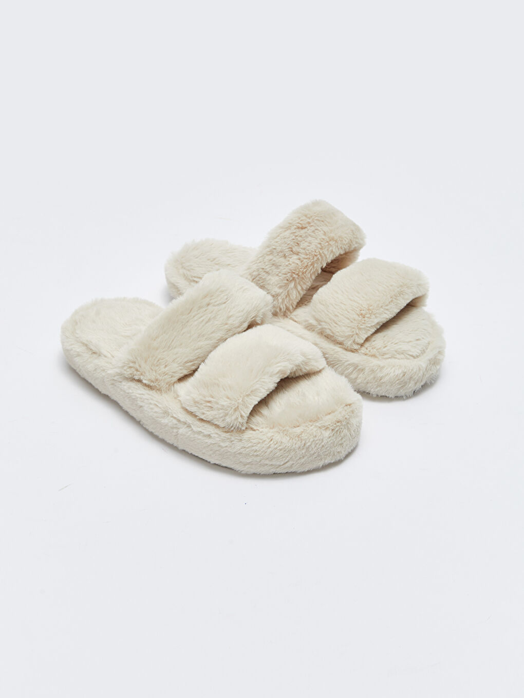 Bej Pelüş Çift Bantlı Kadın Ev Terliği