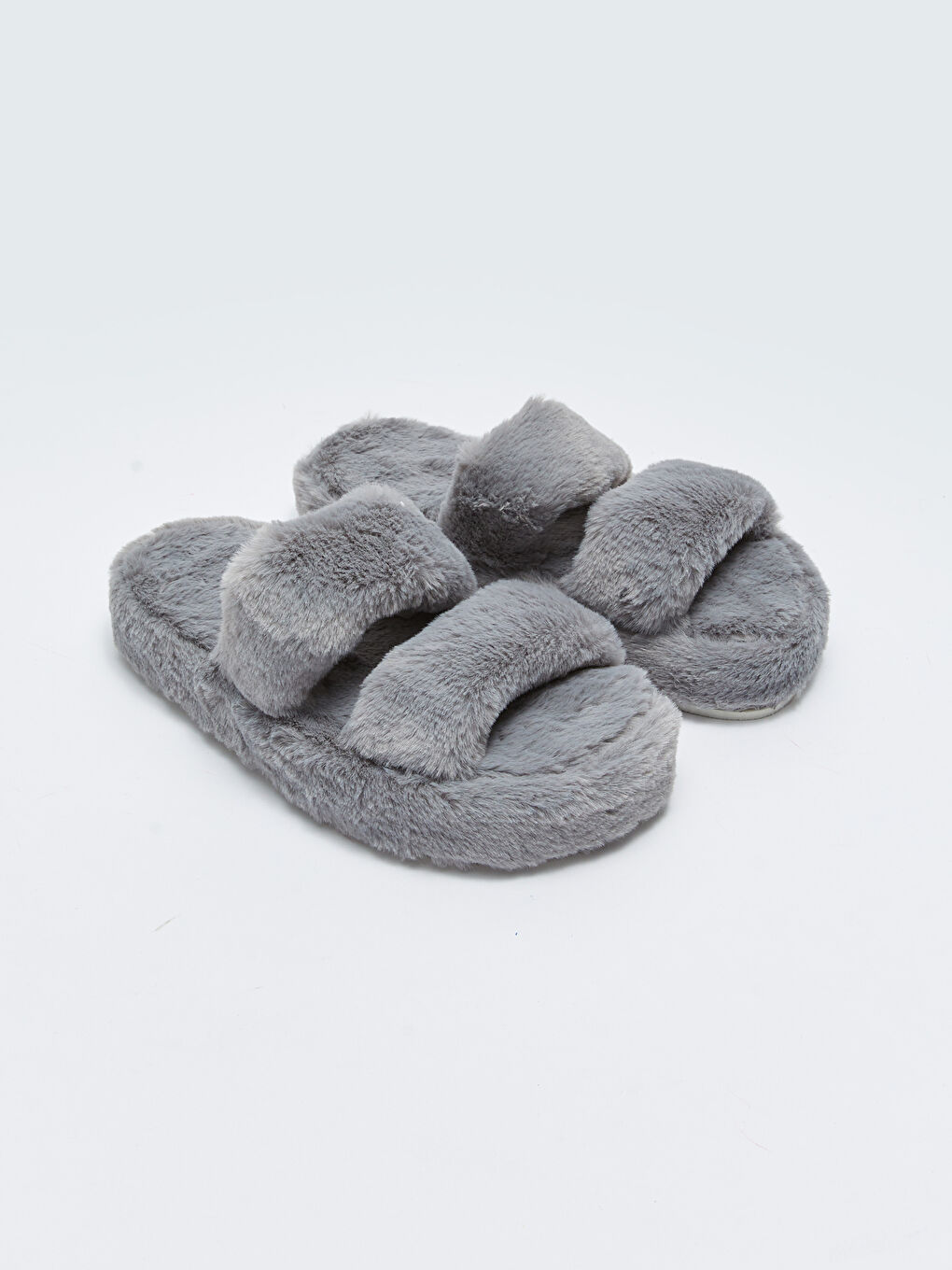 Gri Pelüş Çift Bantlı Kadın Ev Terliği