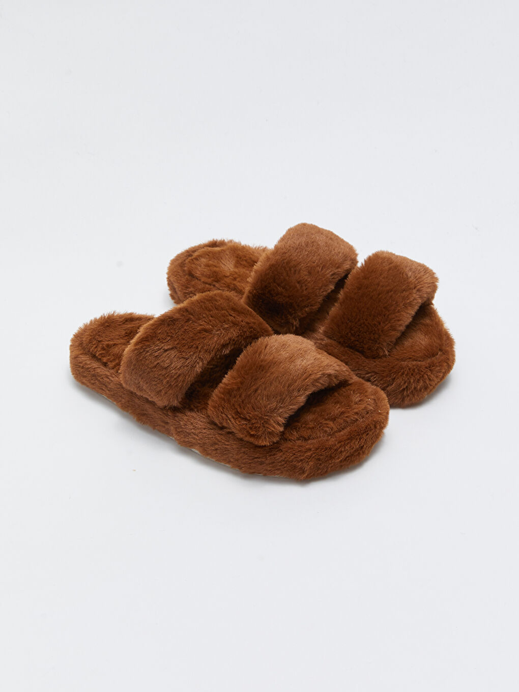 Kahverengi Pelüş Çift Bantlı Kadın Ev Terliği