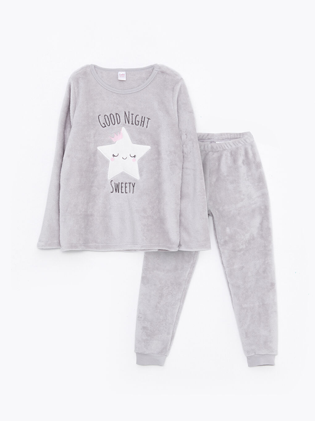 LCW Kids Crew Neck Embroidered Long Sleeve Plush Girls' Pajamas Set -W2ES02Z4-J2E