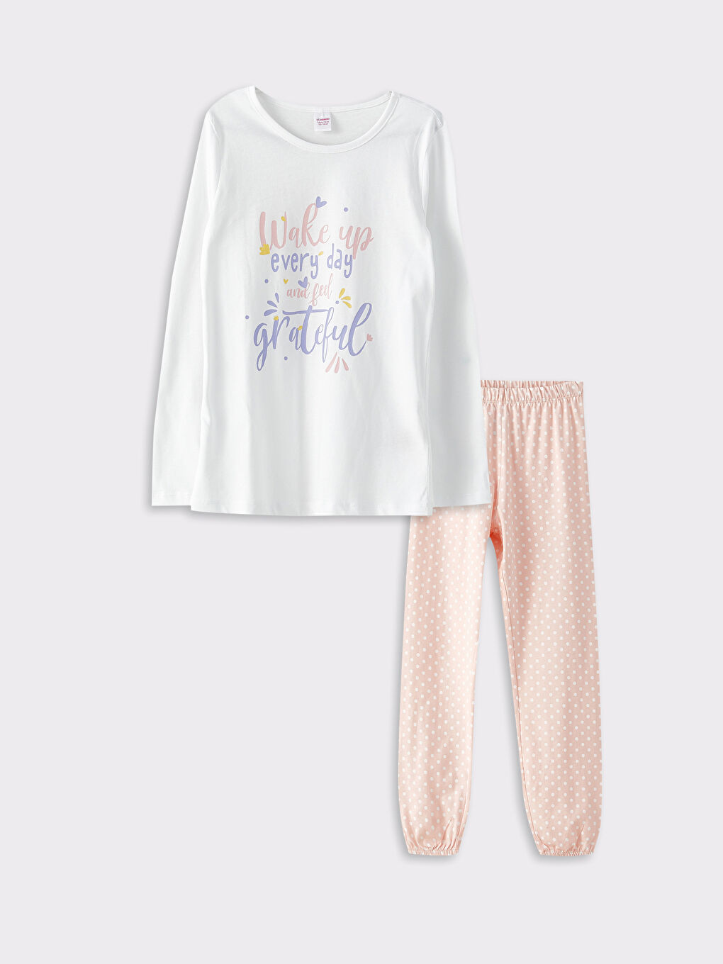 Ekru Bisiklet Yaka Baskılı Uzun Kollu Kız Çocuk Pijama Takımı