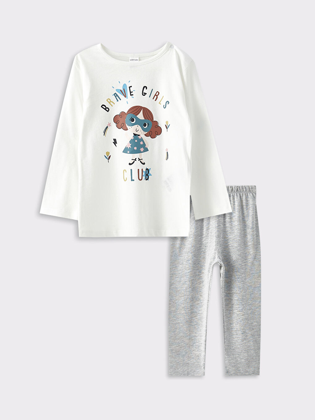 Beyaz Bisiklet Yaka Uzun Kollu Baskılı Kız Bebek Pijama Takım