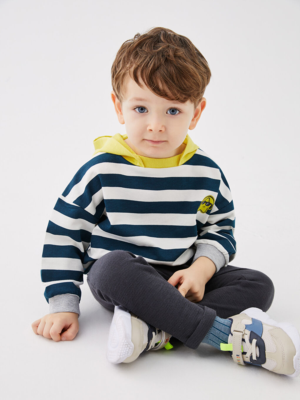 Petrol Kapüşonlu Uzun Kollu Çizgili Erkek Bebek Sweatshirt