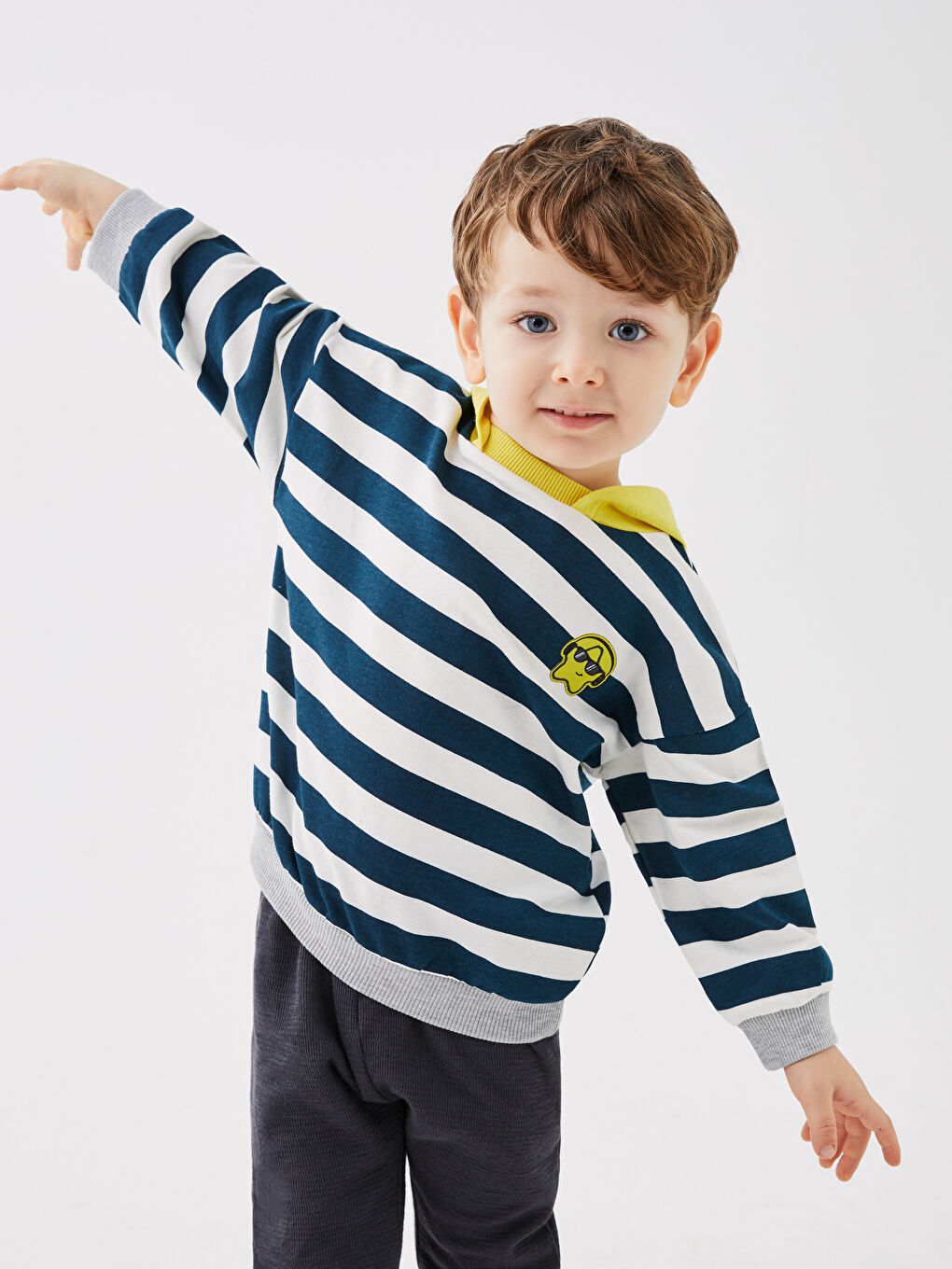 Petrol Kapüşonlu Uzun Kollu Çizgili Erkek Bebek Sweatshirt-1