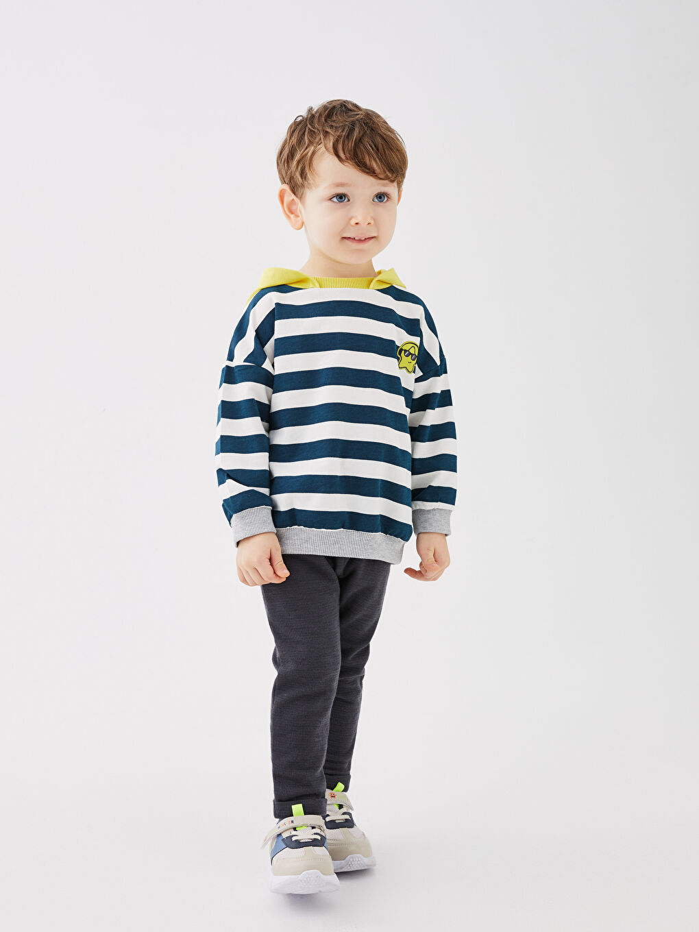 Petrol Kapüşonlu Uzun Kollu Çizgili Erkek Bebek Sweatshirt-2