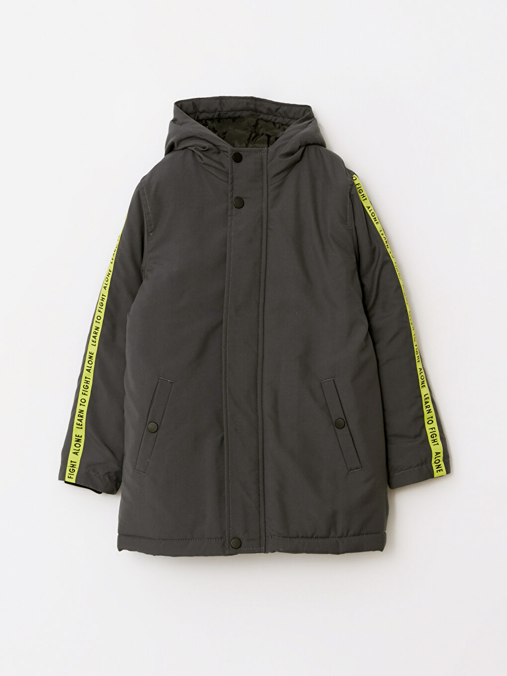 Gri Kapüşonlu Baskılı Erkek Çocuk Mont